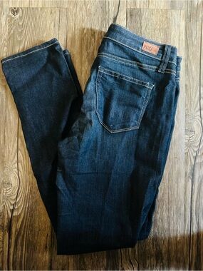 PAIGE Deep Blue Denim Jeans with Brown Leather Patch